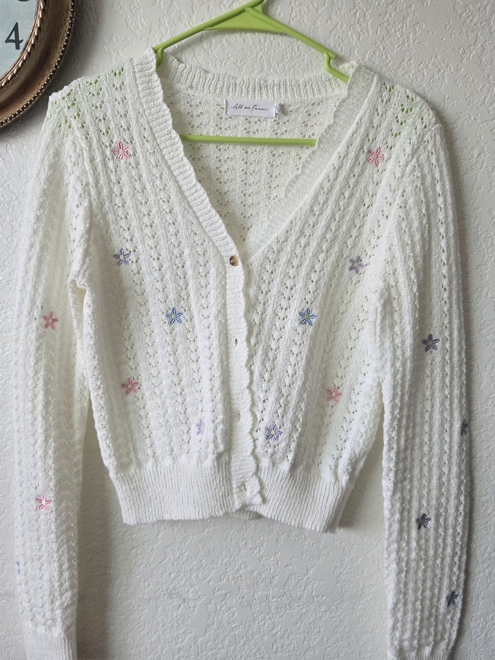All in Favor White Eyelet Cardigan with Pink, Blue and Purple Floral Embroidery